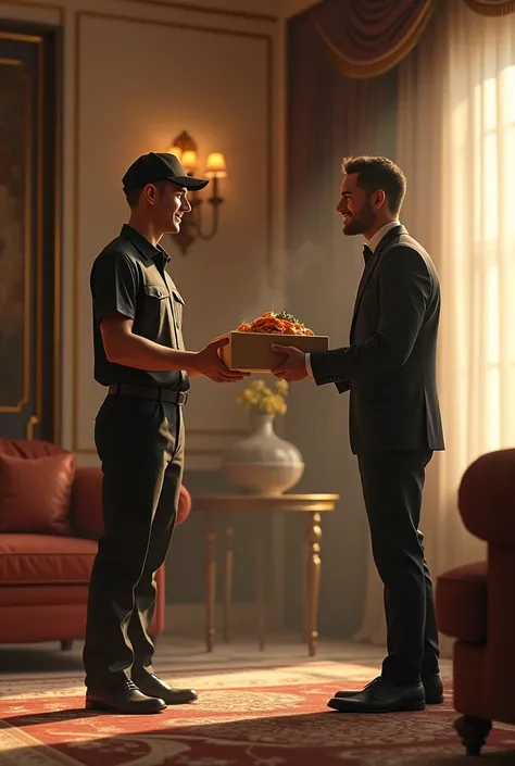 Delivery man passing food to young rich man