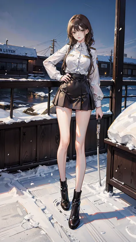 a girl,,standing in snow,long brown hair,very slim,skinny,wearing uniform,thin waist,short skirt,baring legs,wearing short black boots