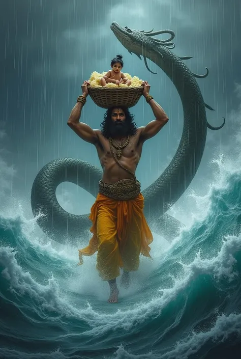 Vasudev ji carries Shri Krishna in a basket on his head in the middle of the ocean in the pouring rain and the Shesh Naag with 5 head in signle body comes from behind him and protects him from the rain.