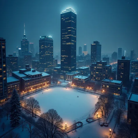 Square in front of a skyscraper、night、Aerial view、Snowfall、