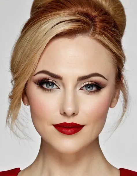 A waist-up portrait of a beautiful female whose facial features are a combination of Molly C. Quinn + Samaire Armstrong. The female has lovely makeup on her face. The female wears red lipstick. Symmetrical eyes. Symmetrical face. Lovely details. Photoreali...