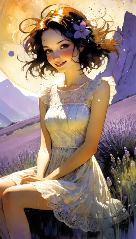 1girl,lavender,white short dress,lace dress,smile,flower garden,full body,sitting,mountains in the distance,light particles,(Depth of field,cinematic angle,cinematic lighting:1.2),blurry background,blurry foreground,(masterpiece:1.2),(best quality:1.2),(ve...