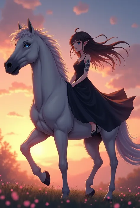 Brunette girl with blue eyes, elf ears, a tattoo on her arm, a black dress on, sitting on a huge white free horse, a sunset in the background, anime style