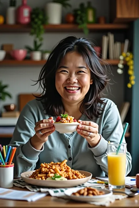 ‘realistic photo’ messy home at the background, asian busy woman sitting and eating keto food, the woman is little bit fat, messy hair, messy home, stationery items on the table, detox juice and almonds on the table too, the women looks so happy