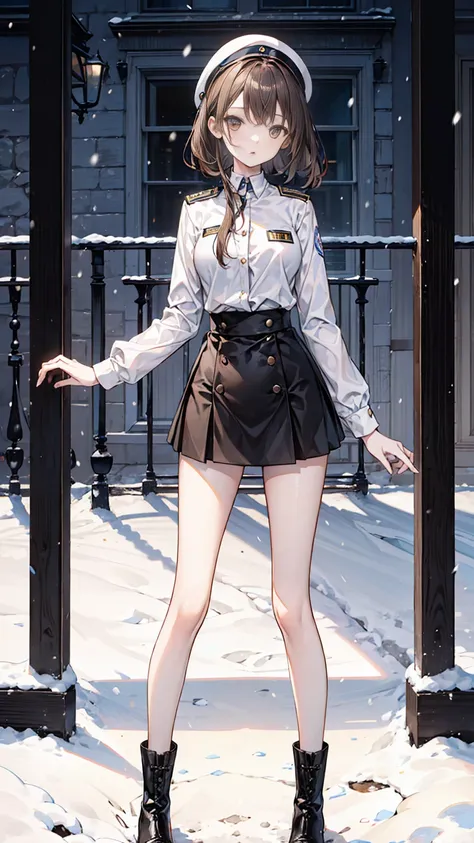 a girl,,standing in snow,long brown hair,very slim,skinny,wearing uniform,thin waist,short skirt,baring legs,wearing short black boots