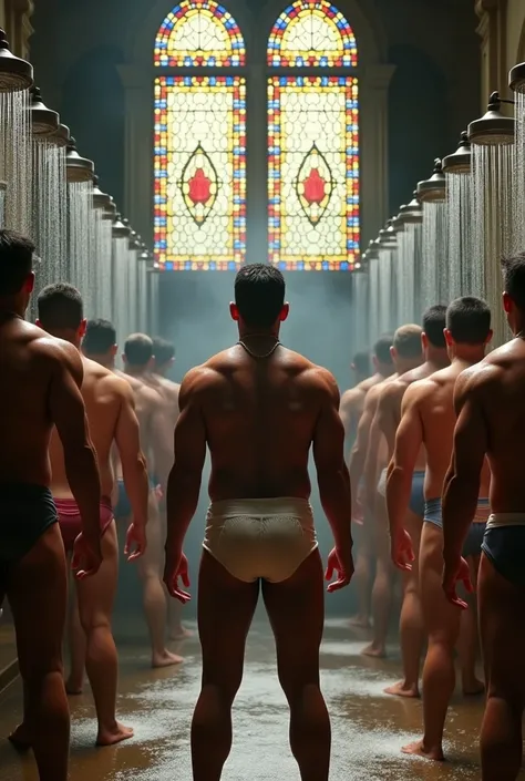 Many strong and muscular Bolivian men taking a shower in their underwear under individual showers, with stained glass windows in the background, in a large cloakroom of a historic building from 1650.