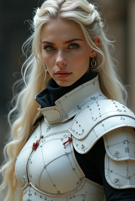 Front_view, masterpiece, best quality, realistic, raw photo, (1 girl, looking at viewer), long hair, white armor, intricate armor, delicate blue line pattern, intricate pattern, red metal parts, detail part, dynamic pose, detailed background, dynamic light...