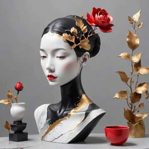 ((exhibition, woman, Still life table, Art statues, 3D sculpture, Colored ceramics, Surface cracks, Broken texture)), mercy, thin neck, Show the beauty of nature. Black and red theme, Kane, gold powder, This work is presented on a gray background.., art, H...