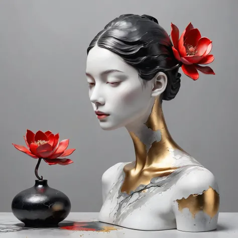 ((exhibition, woman, Still life table, Art statues, 3D sculpture, Colored ceramics, Surface cracks, Broken texture)), mercy, thin neck, Show the beauty of nature. Black and red theme, Kane, gold powder, This work is presented on a gray background.., art, H...