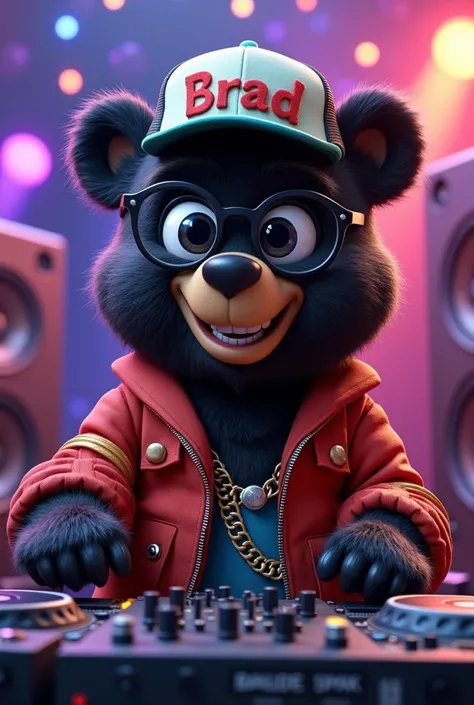 DISNEY PIXAR DJ BLACK BEAR WITH CAP THAT SAYS BRAD AND GLASSES 