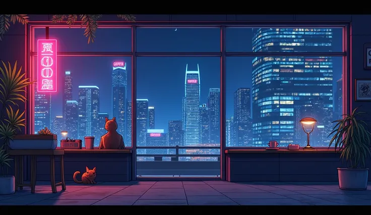 Outside the window is a neon city、night、Anime Style、coffee、There is no one、American cityscape、Cat