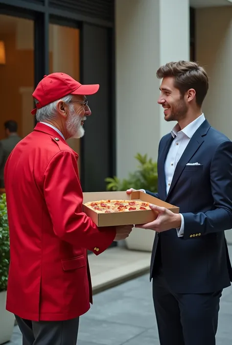 Delivery man wearing red passing pizza box to young rich man