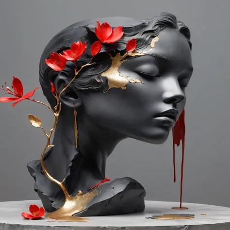 ((exhibition，Still Life Table，Artistic statues，3D sculpture，ceramics，Surface cracks，Broken texture)), mercy，thin neck，Show the beauty of nature.Black & Red Theme，by Kane，gold powder， This work is presented on a gray background..，Highlight its artistic qual...