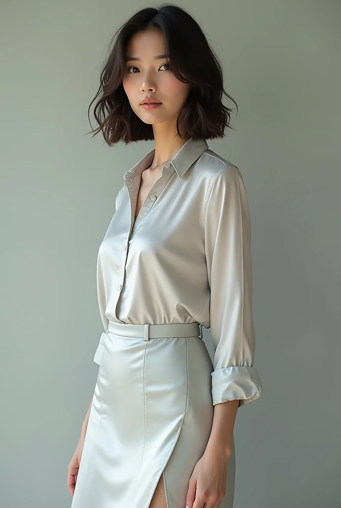 Very beautiful Japanese、Create beautiful and feminine body photos,Accurate simulation of lightweight material interactions、refreshing、Real People、Bob Hair、silver silk blouse,A slit skirt that accentuates the waist,