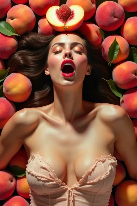 1 beautiful Italian woman in her 30s。Facing forward、Mouth wide open。The expression is、Sexually lewd expression、Ecstatic expression、I feel a strong sense of ecstasy。The head is peeled、Wearing a large real peach。The chest is wide open。There are peaches all a...