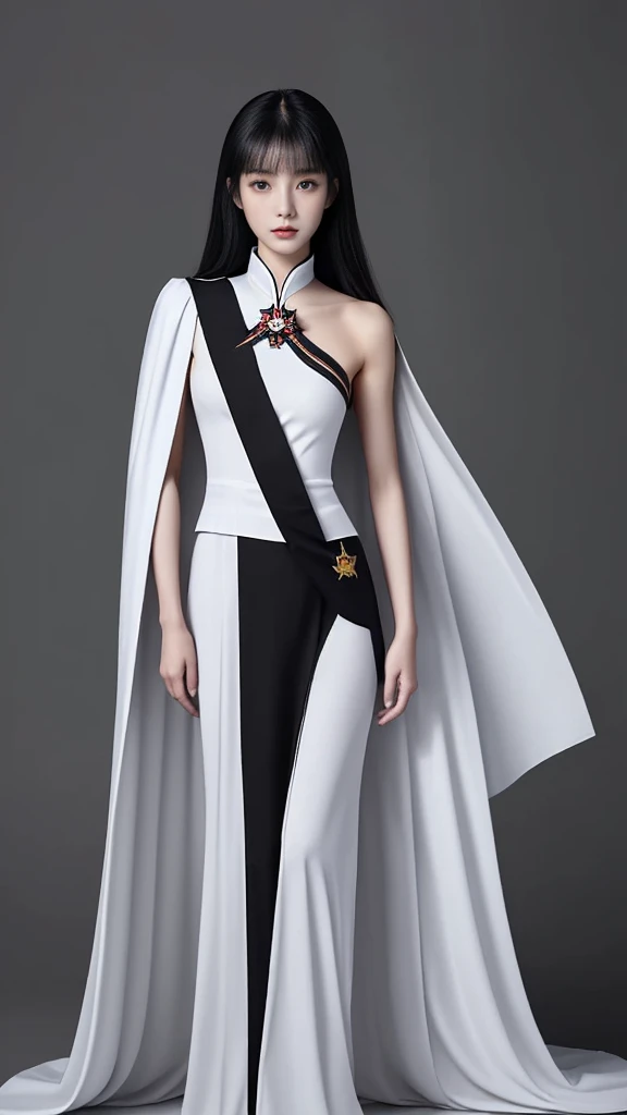 Taiwanese beauty。Medium layer。Tall and slender。Five-star shoulder patch。A small white cape on the left shoulder。Black military uniform。