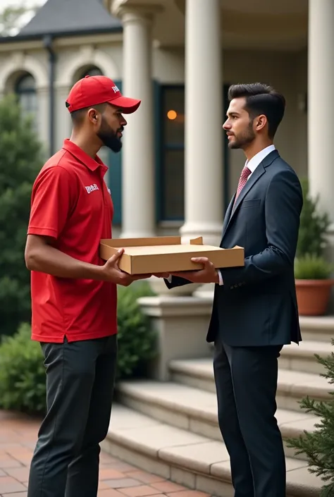 Delivery person wearing red passing pizza box to young, wealthy man at the doorstep