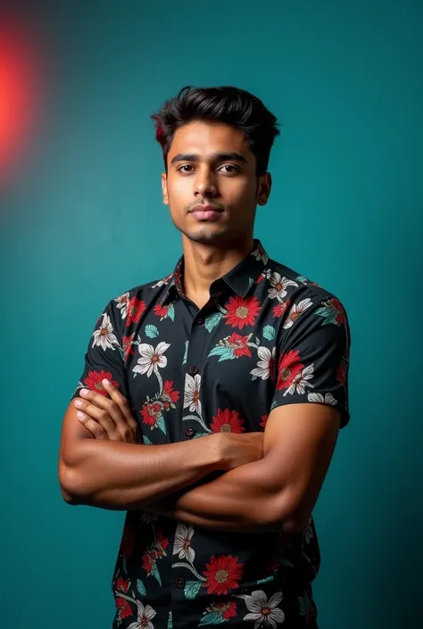 A young man his age 24 his body medium with dark hair and a confident.and bangali face. He is dressed in a flower print shirt . The man is positioned against aqua colour backdrop with a subtle red lighting on the left side. and he posing for Linkedin profi...