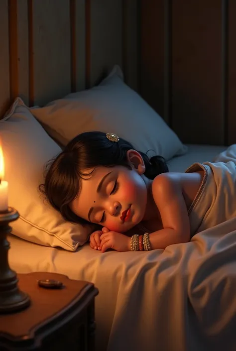 Krishna in Gokul

Inside a cozy, simple home in Gokul, Yashoda is asleep on a traditional Indian bed. Vasudev gently places baby Krishna beside her. The room is warm and welcoming, with soft candlelight illuminating the scene. Baby Krishna looks peaceful a...