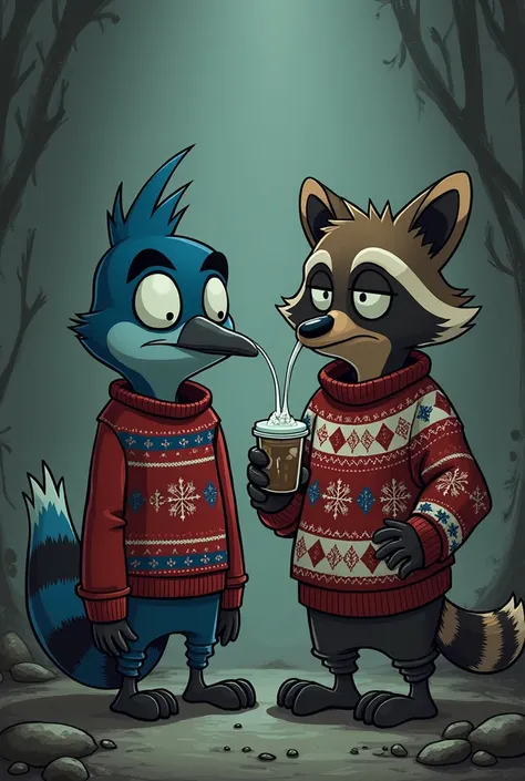 Mordecai and Rigby from a sadder show with ugly sweaters and chains drinking lean