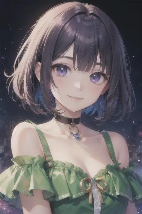 (Highest quality)、(Highest quality)、cute、(choker).eyes are emerald、Her hair is purple、Short Bob、(smile).