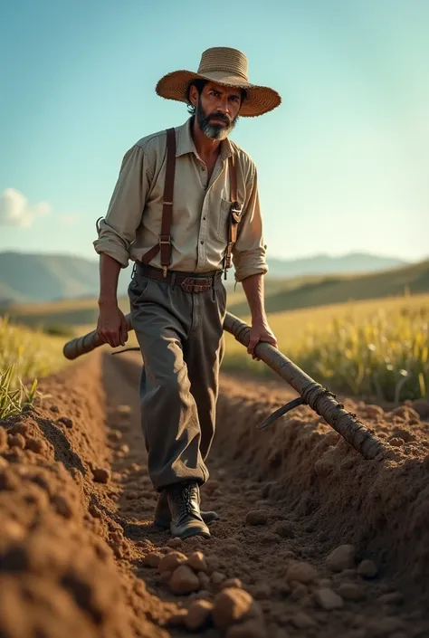 Farmer in Fields:** A farmer in traditional attire, plowing the fields under a clear sky with a rustic hat.