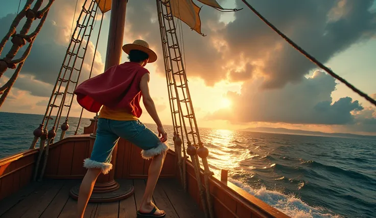 Action photography of a live-action Luffy, with his iconic straw hat and red vest, standing confidently atop the crows nest, full body shot, on a detailed pirate ship at sea, dramatic cloudy sky background, golden hour lighting, shot from a low angle with ...