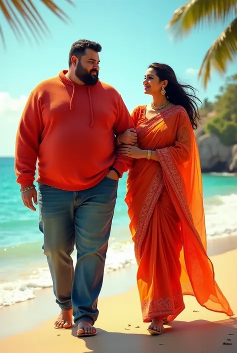 A fat guy with a Red pullover and a girl in a saree walking in a beach