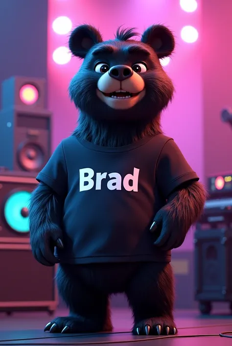 DISNEY PIXAR DJ BLACK BEAR WEARING A T-SHIRT THAT SAYS BRAD 