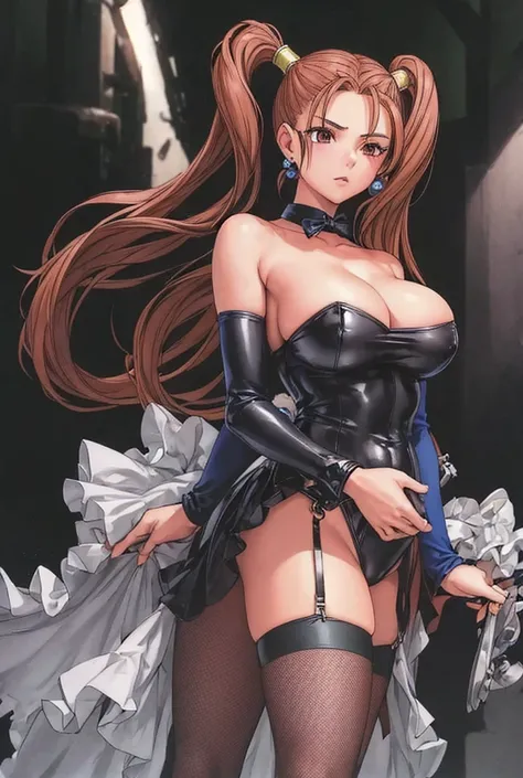 Jessica, with big breasts, beautiful legs, shoulder-length twin tails, showing her arms and shoulders, and a mature face, is standing in a black high-cut bunny suit and fishnet stockings with her hands on her hips.。in the forest。