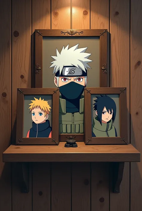 Wall with shelf and pictures of Kakashi and Team 7