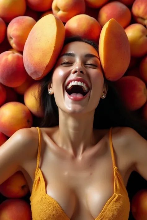 1 beautiful Spanish woman in her 30s。Facing forward、Mouth wide open。The expression is、Sexually lewd expression、Ecstatic expression、I feel a strong sense of ecstasy。The head is peeled、Wearing a large real peach。The chest is wide open。There are peaches all a...