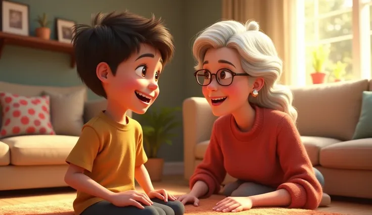 A boy and his grandmother talking to the boy 
3d cartoon 3d animation 