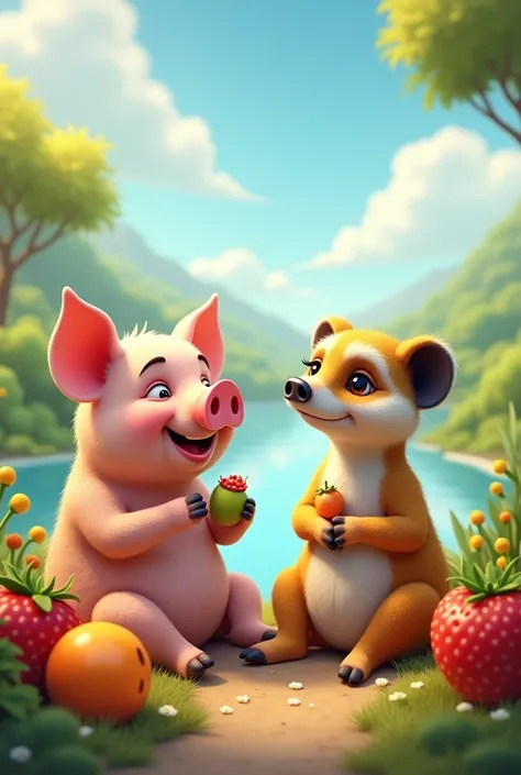 Friends Fun Day: The pig and the meerkat are eating fruit together and happily chatting. The environment is beautiful and peaceful.