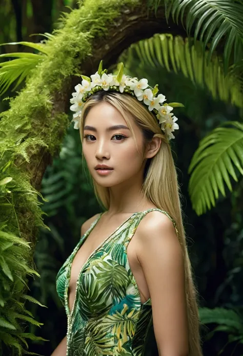 A majestic Tropical Jungle Queen, an 1 Japanese girl, standing tall at 180 cm and weighing 45 kg, with a smooth, light complexion and straight, long blonde hair tied up in a high ponytail, sleek and glossy. She has a graceful, diamond-shaped face with high...