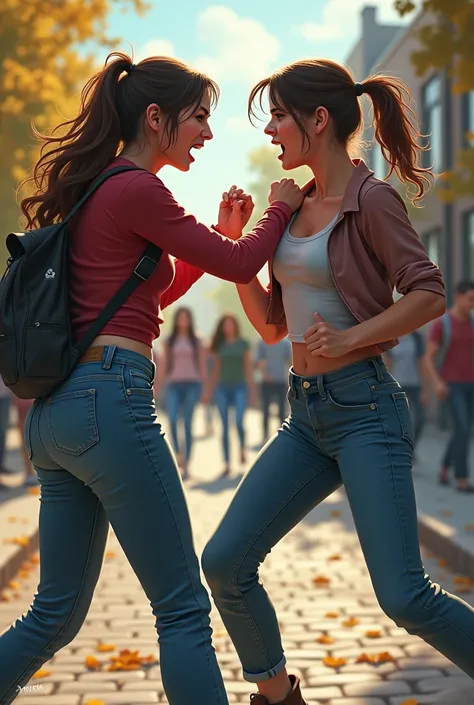 2 friends girls fighting at college in pants