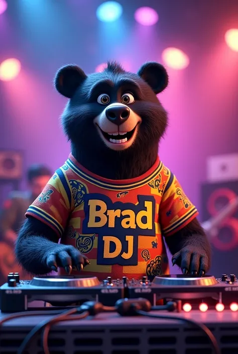 DISNEY PIXAR DJ BLACK BEAR WEARING A T-SHIRT THAT SAYS BRAD DJ