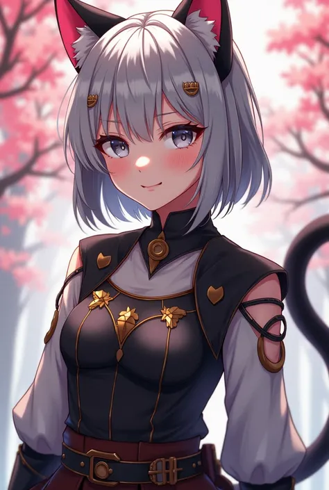 Anime style, masterpiece, greatest anatomy, detailed anatomy, 16YOgirl, 1girl, catgirl, bob style hair, gray color hair, gray eyes, Black cat ears with pink inside, detailed cat tail, round breast, sexy, light smile, blushed, look at viewers, anime, medium...