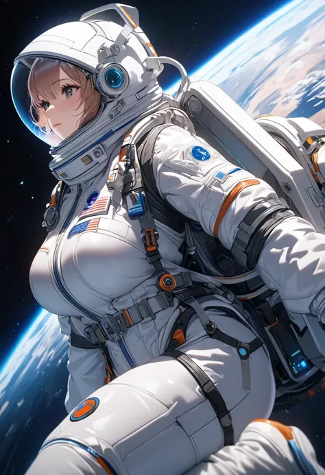 a highly detailed anime waifu astronaut in a futuristic space suit, wearing a sleek space helmet, with intricate and complex details, in a photorealistic style, 8k resolution, close-up view, big breasts, 