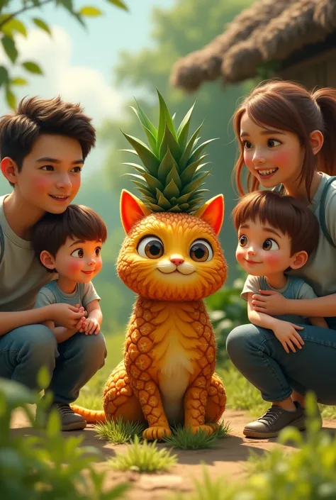 **Family Discovering Pineapplecat:** The farmers family, dressed in casual home clothes, gathers around Pineapplecat, looking curious and excited.