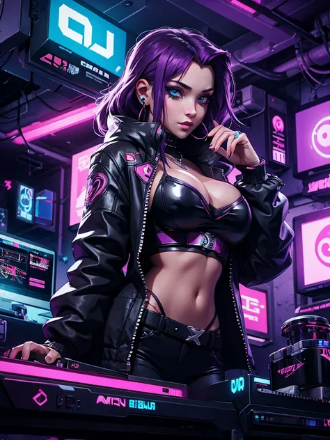 cyberpunk night club, beautiful busty DJ