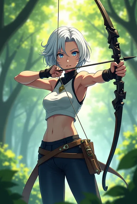 Anime Woman with short white hair, blue eyes using a bow