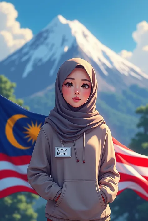 A beautiful hijab woman no hair wearing a hoodie with a nametag "Cikgu Murni" holding a malaysian flag with a Mount Kinabalu background anime style