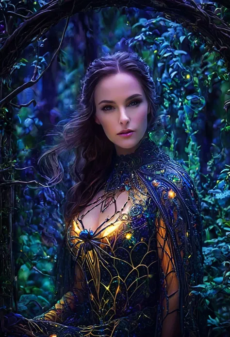 A noble lady in a beautiful evening gown transforms into Spider-Woman, (best quality, high resolution, Extremely detailed), (portrait, fantasy), Vibrant colors, Ethereal Lights, detailed lace pattern, Beautiful posture, Intricate web pattern, exquisite sil...