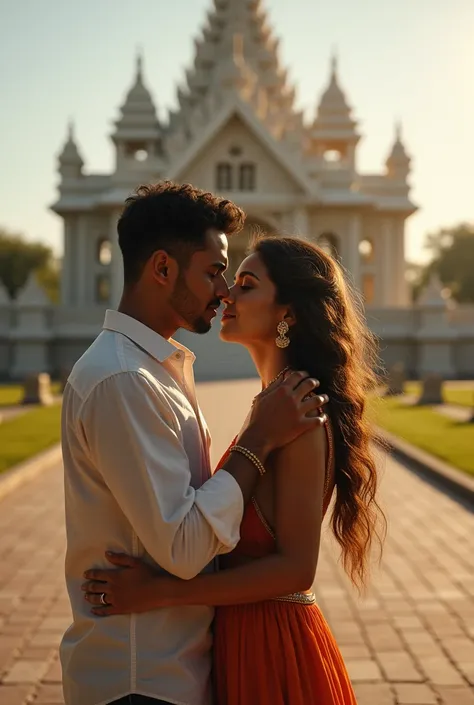 A couple at the temple the name of temple is iscon  men scrolling on her hair and  the women hugging him and they both are making eye contact  they are standing some distance from the temple with the open sky 