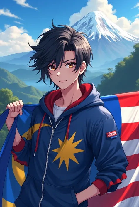 A beautiful man wearing a hoodie with nametag "SitaSha" holding a malaysian flag with a Mount Kinabalu background anime style