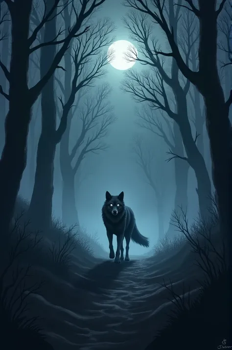 A lone wolf walks through a dense, dark forest at night. The scene is enveloped in deep shadows, with tall, twisted trees looming over, their branches reaching out like skeletal fingers. The forest floor is covered in a thick layer of fog, and the faint mo...