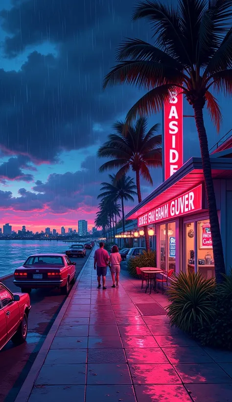 miami beach side , bayside market at night, neon lights, miami vice vibes , after rain ideal vintage , GTA Vice City style, night vibe, 80s, Hawaii, retro comic style illustration(back view)