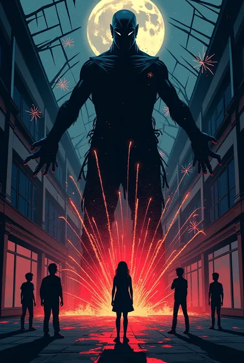 "A dramatic scene from Stranger Things Season 3, illustrated in a minimalist style inspired by Olly Moss. The image captures the intense battle inside Starcourt Mall. Eleven, who is silhouetted in stark black, stands at the forefront, facing the towering, ...