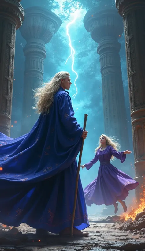 High resolution，High detail，8K platinum blonde long haired young male wizard。Wearing a blue robe、Standing with an ancient walking stick。Detailed footage of the scene where he fights an evil witch in a purple dress and the witch is defeated and falls to the...